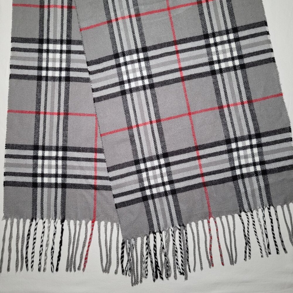 Womens Scarf Cashmere Blend Fringe Italy Design Gray Black Red Plaid - Picture 4 of 6